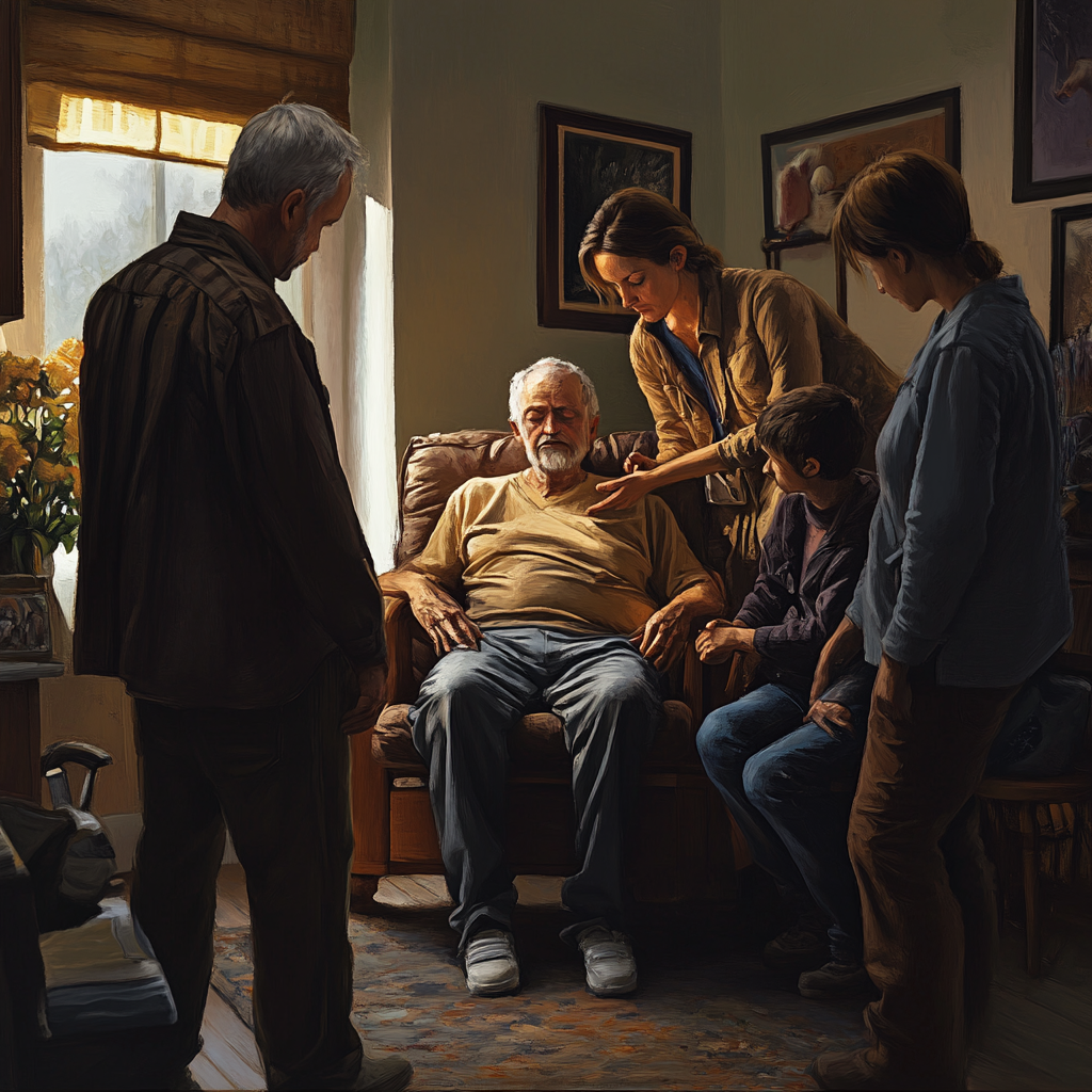 Family providing comfort to a terminal cancer patient at home